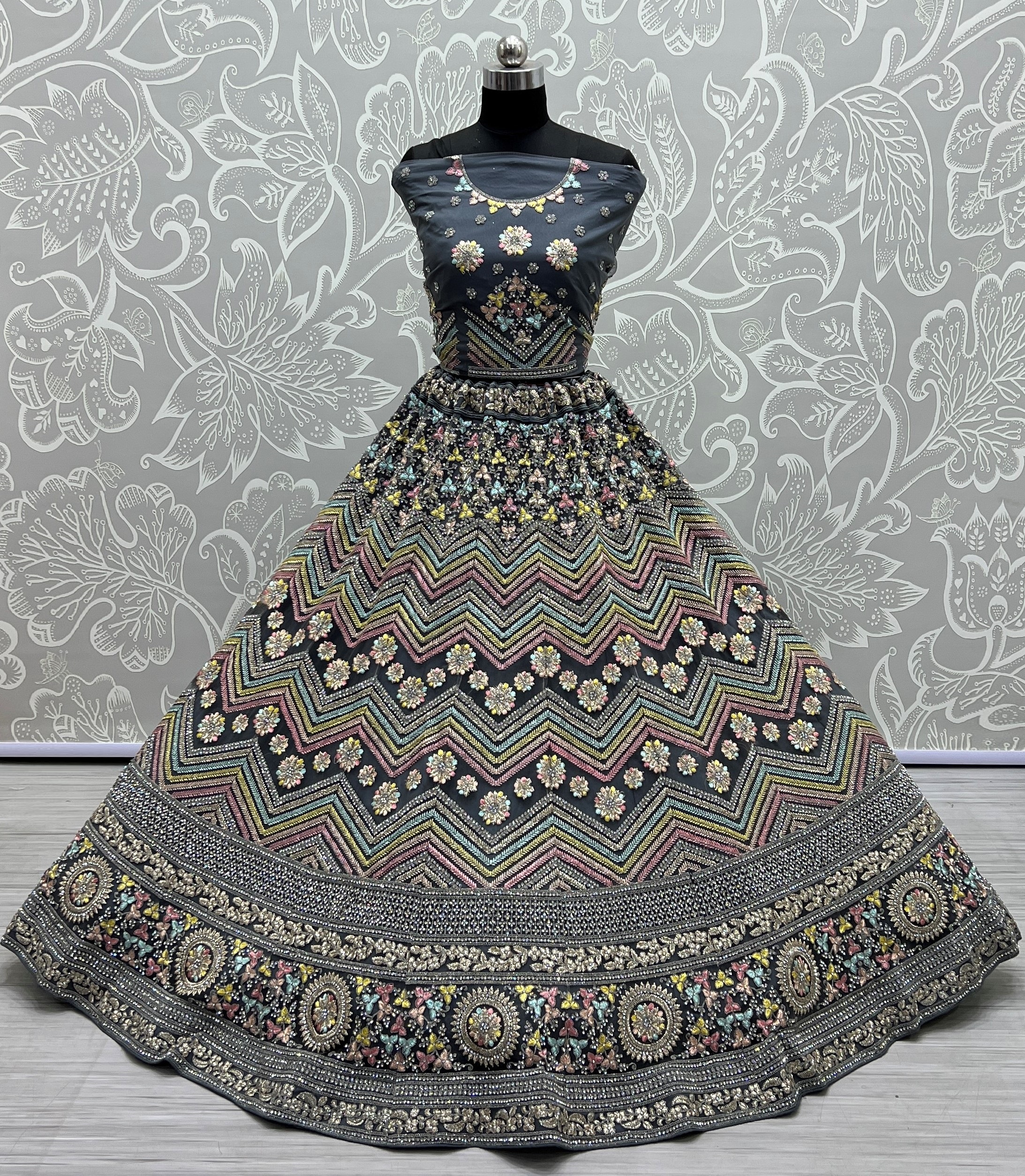 Grey Thread embroidered combine with zari work lehenga choli 